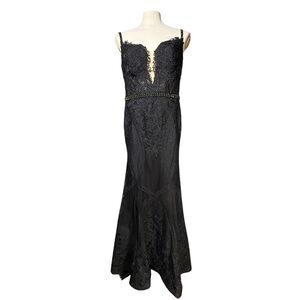 MAC DUGGAL Black Embroidered Sleeveless Plunge Neck Trumpet Gown Sz 12